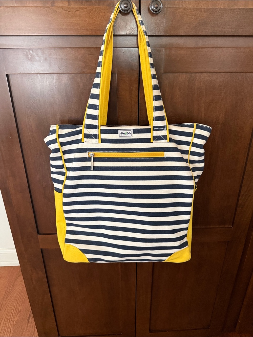 Striped Navy & White Tennis bag with Yellow Trim - Canvas